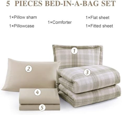 Plaid Twin XL Comforter Set Khaki Green 5 Pieces College Dorm Bed in a Bag