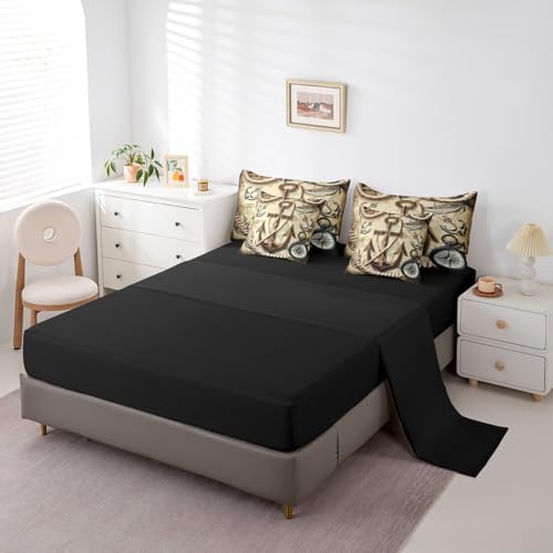 Erosebridal Nautical Anchor Bed in A Bag with Sheets King Retro Ship Anchor 7 Piece Comforter Set Navigation Compass Bedding Set,Ocean Adventure Theme Bedding Comforter Sets for Kids Boys Teens Youth