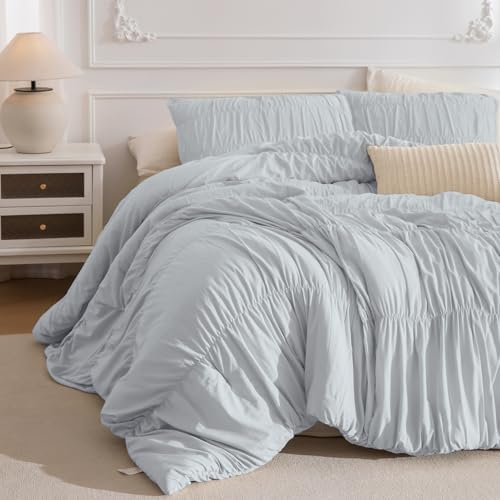Masaca Oversized King Comforter 120x120,3 Pieces Ruched Ruffle Bedding Comforter,Light Blue Rustic Shabby Boho Cal King Bed Comforter Oversized Lightweight and Soft
