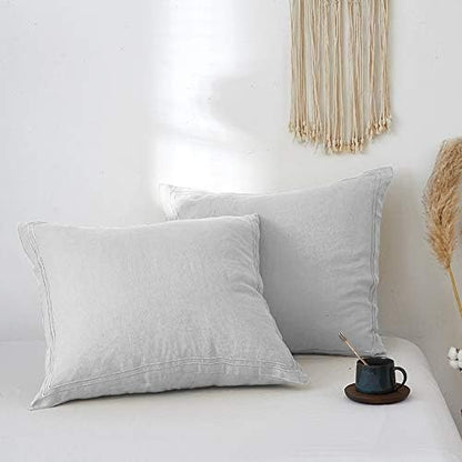 Simple&Opulence 100% French Linen Euro Shams with Embroidery (26'' x 26'') - Pack of 2 - Pre Washed Solid Color Natural Flax Soft Breathable - Grey