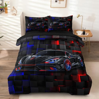 5 Pcs Twin Car Bedding Sets for Boys, Race Car Twin Comforter Set for Boys Teens, Twin Boy Bedding Set with Sheets
