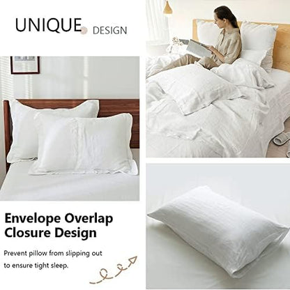 Simple&Opulence 100% Washed Linen Duvet Cover Set 5pcs(1 Duvet Cover& 2 Shams& 2 Pillowcases) Basic Style Natural French Flax Soft Breathable Farmhouse Bedding (Queen, White)