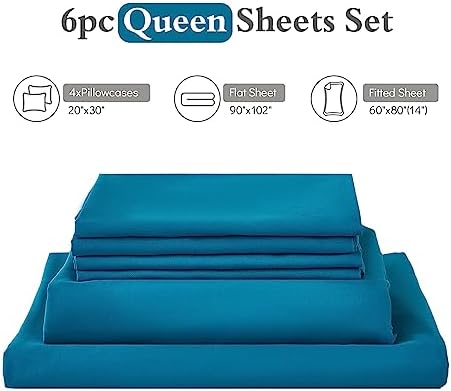ILAVANDE Teal Queen Sheets Set 6 Piece,Hotel Luxury Super Soft 1800 Series Microfiber Queen Bed Sheets Set-Wrinkle Free & Breathable-14 Deep Pocket Sheets for Queen Size Bed(Queen,Teal)