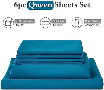 ILAVANDE Teal Queen Sheets Set 6 Piece,Hotel Luxury Super Soft 1800 Series Microfiber Queen Bed Sheets Set-Wrinkle Free & Breathable-14 Deep Pocket Sheets for Queen Size Bed(Queen,Teal)