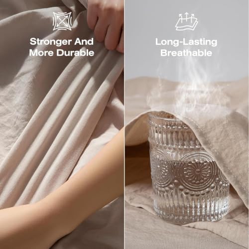 100% Pure Linen Blend 4 Piece Sheet Set, Cooling and Breathable Flax Bed Sheets for Hot Sleepers, All Season Comfort, Anti-Tear and Durable Bedding, 18 Inch Deep Pocket(Natural Linen, King)