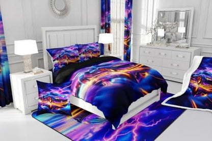 Erosebridal Rainbow Race Car Boy Queen Bedding Sets for Kids,Watercolor Tie Dye Aurora Car Comforter Set for Child Room Decor,Vintage Speed Racing Cars Comforter,Hot Pink Sports Racing Games Quilt