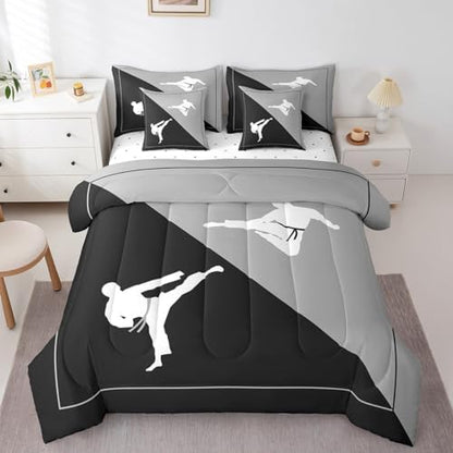 Castle Fairy Teens Adult Taekwondo Comforter Set King Size 7 Pcs Black Gray Bedding Set with Comforter,Sheet Set,Pillowcase and Sham Japanese Style Bed Set Kungfu Bedding for Room Decorative