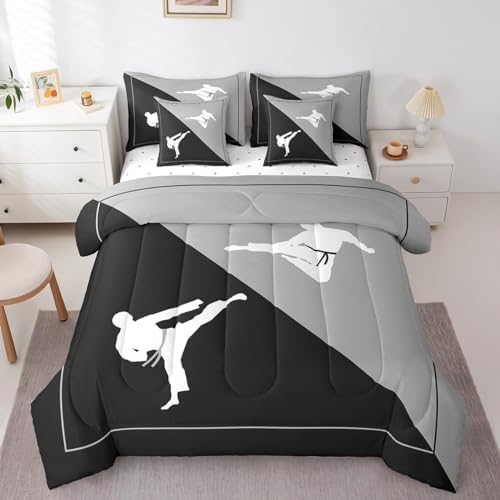 Castle Fairy 7 Pieces Taekwondo Comforter Set for Kids Black Gray Bedding Set Queen Size,Japanese Style Comforter for Boys Girls Adult Kungfu Super Soft Fade Resistant Microfiber Bedding