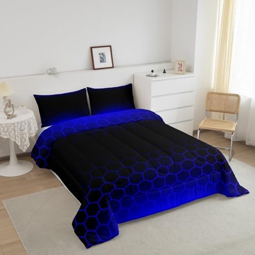 Blue Black Ombre Honeycomb Bedding Set Queen Size, Geometrics Hexagon Comforter Abstract Blue and Black Comforter Set for Kids Toddler Beehive Hexagon Duvet Set Durable Bed Set 3Pcs