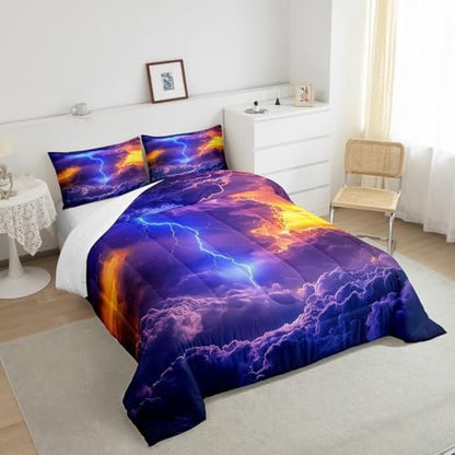 Homewish Cool Lightning Comforter Set,Natural Scenery Bedding Set for Kids Girls Boys,Teens Adults Starry Sky Comforter,Cloud Pattern Quilted Duvet Set Bedroom Collection Twin Size 2Pcs