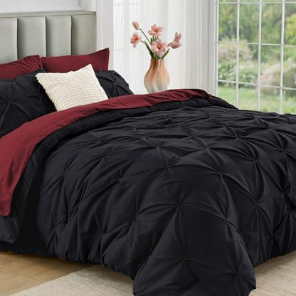 JOLLYVOGUE Full Size Comforter Sets 7 Pieces - Bed in a Bag Full for All Season, Pintuck Bedding Comforter Sets with Comforter, Flat Sheet, Fitted Sheet and Pillowcases & Shams, Black & Burgundy