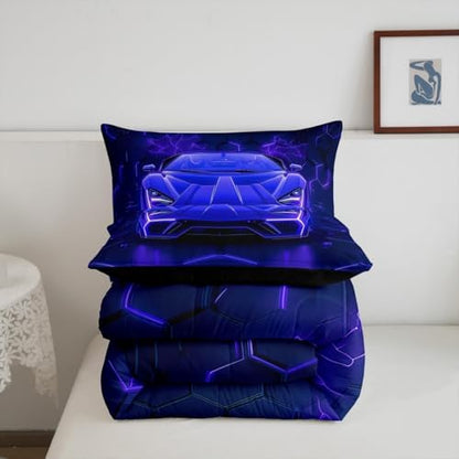Feelyou Boys Sports Car Bedding Set King Size,Blue Black Race Car Comforter Set,Boys Bedroom Room Decor,Geometric Hexagon Racing Car Comforter,Cool Speed Luxury Car Decor Bed Set for All Season