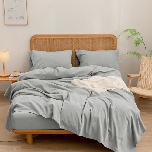 BESTOUCH King Washed Cotton Linen Feel Sheet Set 4 Pcs Solid Light Grey