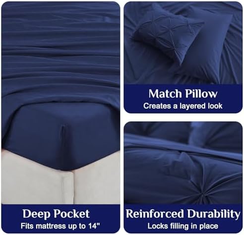 JOLLYVOGUE Twin XL Comforter Set 5 Pieces - Bed in a Bag Twin XL for All Season, Pintuck Bedding Comforter Sets with Comforter, Flat Sheet, Fitted Sheet and Pillowcases & Shams, Navy