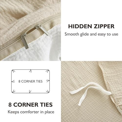 EMME Muslin Cotton Duvet Cover Set Linen Like Beige&White King