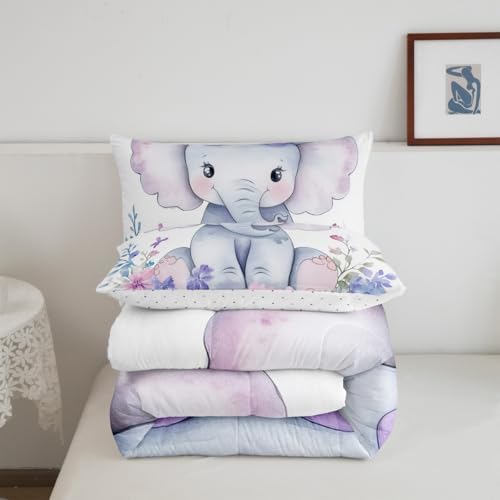 Kids Elephant Bedding Set Cute Animal Comforter Set Queen For Girls Boys Kawaii Room Decor, Flower Branches Duvet Sets Cartoon Elephant With Floral Down Comforter With 2 Pillow Cases, Purple Blue