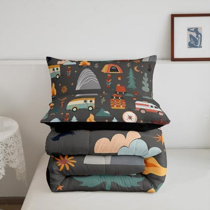 Feelyou Happy Camping Comforter Set for Kids Boys Girls Toddler Size Travel Bag Tent Print Bedding Set Soft Outdoor Themed Duvet Quilt Camping Gifts Comforter Travel Trailers Duvet Quilt