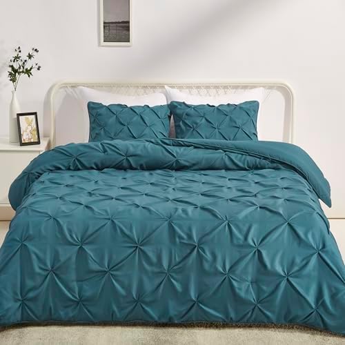 Amazon Basics All-Season Down-Alternative 3-Piece Comforter Bedding Set with Microfiber Pillow Shams, Pinch Pleat Design, Full/Queen, Dark Teal
