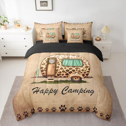 Erosebridal Happy Camping Boys Comforter Set with Sheets King Size Camper Decor 7 Piece Bedding Set Brown Leopard Print Bed in A Bag for Kids Teens Room Rustic Farmhouse Cabin Bed Sets