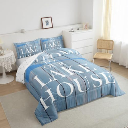 Lake House Comforter Set King Size, Cabin Rustic Farmhouse Style Bedding Set 3pcs, Blue Wooden Plank Lake Themed Down Comforter for All Season, Kids Boys Girls Room Decor, 2 Pillowcases, No Sheets