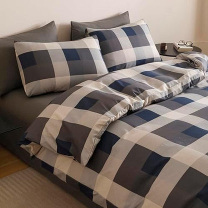 Wellboo Blue Plaid Comforter Twin Size Navy Blue and Grey Checkered Bedding