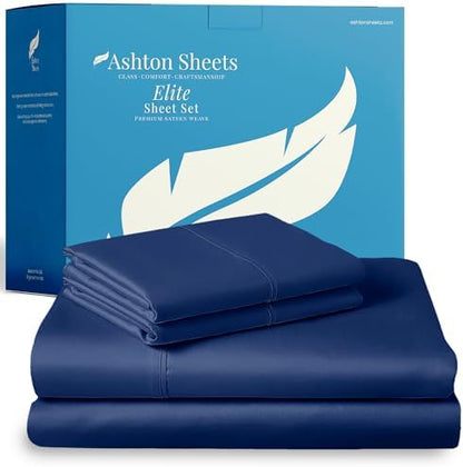 100% Egyptian Cotton Sheets Queen Size Bed Set - 800 Series Elite Collection Egyptian Cotton Sheet Set (4 PC, Navy Blue), Soft, Cooling, 16" Deep Pocket Sateen Luxury Hotel Bedsheet