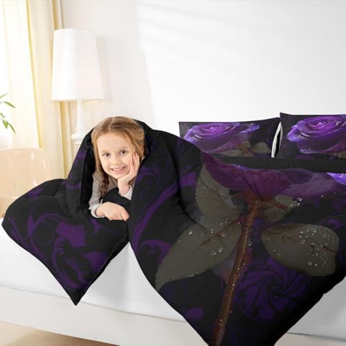 Purple Rose Pattern Comforter Set for Women Adults, Twin Size, 3D Printed Bedding with 1 Pillow Case for All Seasons, Soft Microfiber Inner Filling Duvet Set