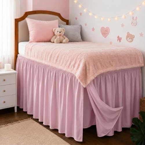 College Dorm Bed Skirt Twin XL 36" Drop, Slit Corner Bedskirt, Dusty Pink