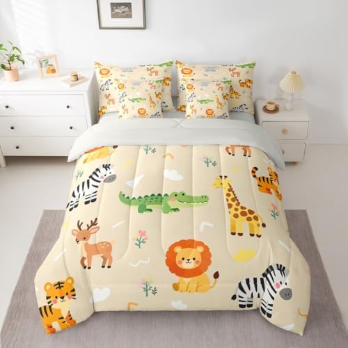 Erosebridal Kids Zoo Animal 7 Piece Comforter Set Twin for Nursery Bedroom | Cute Wild Animals Bedding Set Lion Elephant Crocodile Wildlife Sheets Safari Wild Print Quilt Natural Theme Bed Set