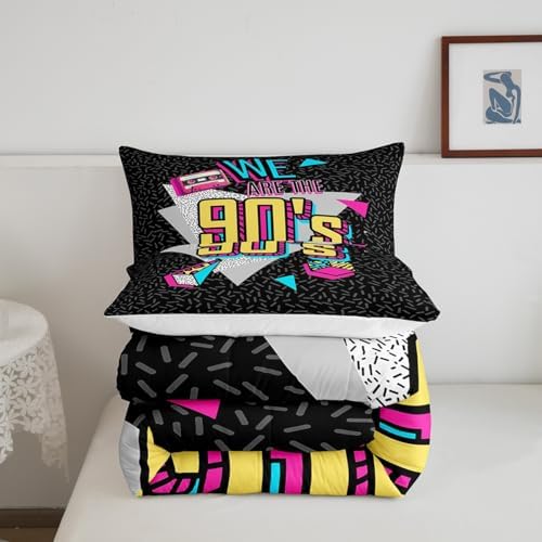 Manfei Memphis Comforter Set King Size, Retro 90s Fashion Style Quilt Set with 2 Pillowcases, Geometric Triangle Diamond Bedding Set 3pcs for Kids Boys Room Decor Lightweight Duvet Insert