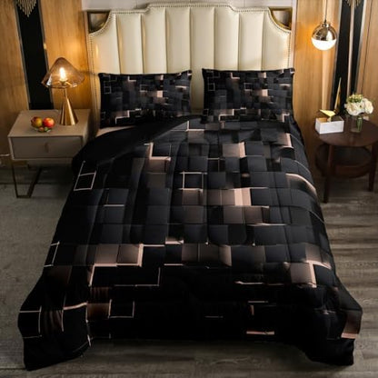 Erosebridal Black and Pink Bedding Set Full Neon Geometric Checkered Comforter Set for Kids Girls Teen,Tereoscopic Grids Comforter Square Plaid Quilt Duvet Room Decor 3 Pcs