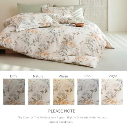 King Comforter Set 3 Pieces, 100% Cotton Sage Green Botanical Floral Bedding Set for All‑Season, Soft Hypoallergenic Reversible Comforter with 2 Pillow Shams