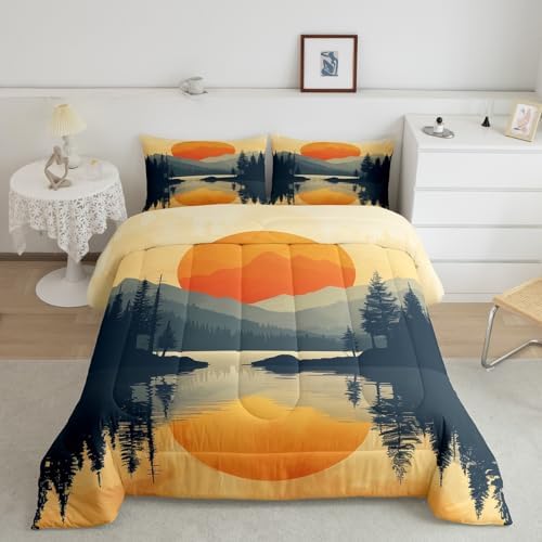 Sunset Comforter Set Full Size,Mountain River Woodland Bedding Set for Kids Teens Adults Room Decor,Nature Scenery Lake House Quilt Set,Japanese Minimalism Style Duvet Insert 3Pcs,2 Pillowcases
