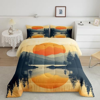 Sunset Comforter Set Full Size,Mountain River Woodland Bedding Set for Kids Teens Adults Room Decor,Nature Scenery Lake House Quilt Set,Japanese Minimalism Style Duvet Insert 3Pcs,2 Pillowcases