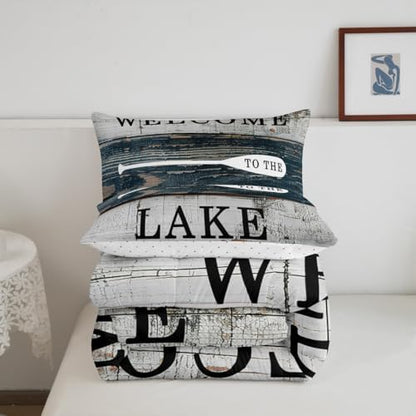 Manfei Lake House Comforter Set Full Size, Rustic Farmhouse Bedding Set 3pcs, Navy Blue Grey Wooden Plank Down Comforter for All Season, Kids Boys Teens Room Decor, 2 Pillowcases, No Sheets