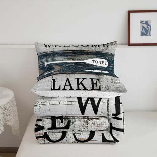 Manfei Lake House Comforter Set King Size, Rustic Farmhouse Bedding Set 3pcs, Navy Blue Grey Wooden Plank Down Comforter for All Season, Kids Boys Teens Room Decor, 2 Pillowcases, No Sheets