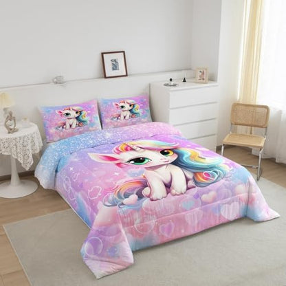 Manfei Cute Unicorn Comforter Set King Size, Pink Blue Glitter Princess Bedding Set 3pcs, Girls Woman Bedroom Decor, Cartoon Kawaii Down Comforter for Kids, Girly Dreamy Duvet Insert, 2 Pillowcases