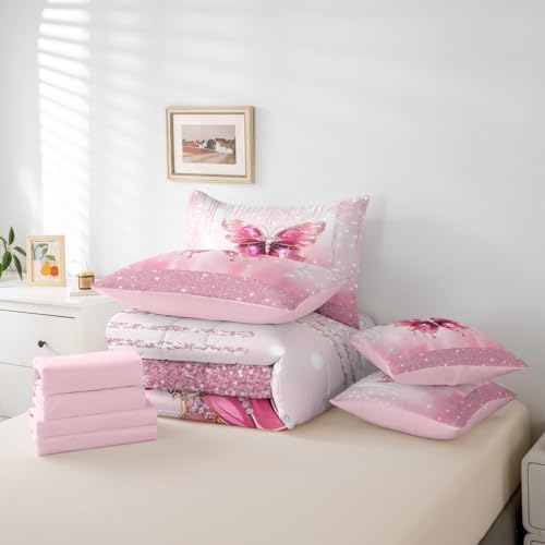 Feelyou Pink Butterfly Comforter Set with Sheets 7 Piece Twin Size Dreamy