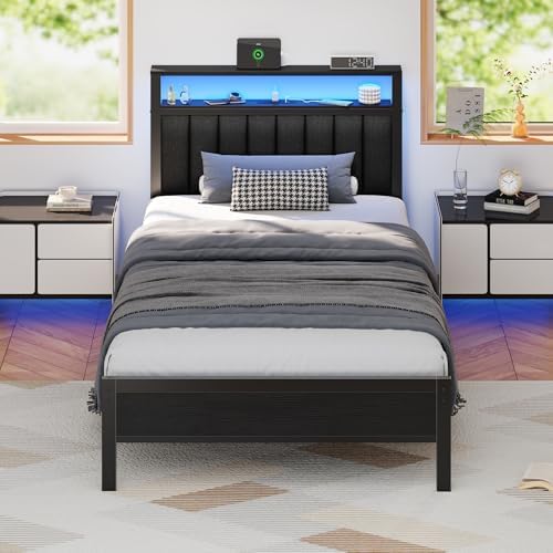 Furnulem Twin Size Bed Frame with Charging Station and LED Lights