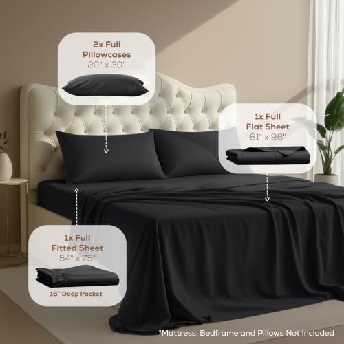 Full Sheets Set, 4 Pieces 16" Deep Pocket Hotel Luxury Bed Sheets, Black