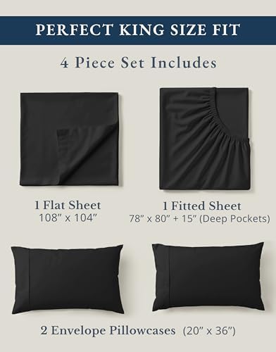 LANE LINEN King Sheets 100% Organic Cotton Soft 4pc Percale Cooling - Black
