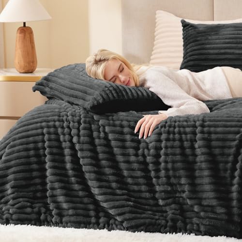 EXQ Home Fluffy Comforter Set King Size,3 Pieces Bed Set,Dark Grey