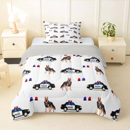 Feelyou Police Car Comforter Set Toddler Size Dogs Bedding Set for Kids Boys Girls Policeman Vehicle Duvet Quilt Bedroom Decor Microfiber 2 Pcs with 1 Pillow Case