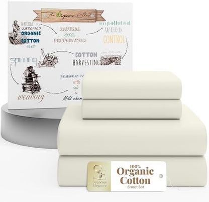 SUPREME ELEGANCE 100% Organic Cotton King Size Bed Sheets Set, Light Ivory
