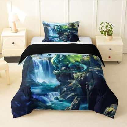 Feelyou Dragon Kids Comforter Set Twin Size Magical Beast Bedding Set Wild Animal Duvet Quilt for Kids Boys Girls Bedroom Fantasy Animal Decor Jungle Dragon Microfiber Ultra Soft Breathable