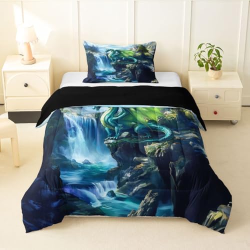 Feelyou Dragon Kids Comforter Set Toddler Size Magical Beast Bedding Set Wild Animal Duvet Quilt for Kids Boys Girls Bedroom Fantasy Animal Decor Jungle Dragon Microfiber Ultra Soft Breathable