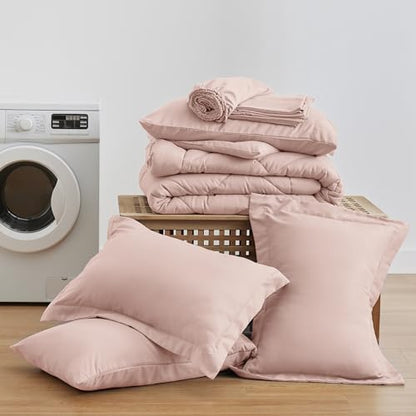 Love's cabin California King Comforter Set Pink, 7 Pieces California King Bed in a Bag, All Season Bedding Sets with 1 Comforter, 1 Flat Sheet, 1 Fitted Sheet, 2 Pillowcase and 2 Pillow Sham