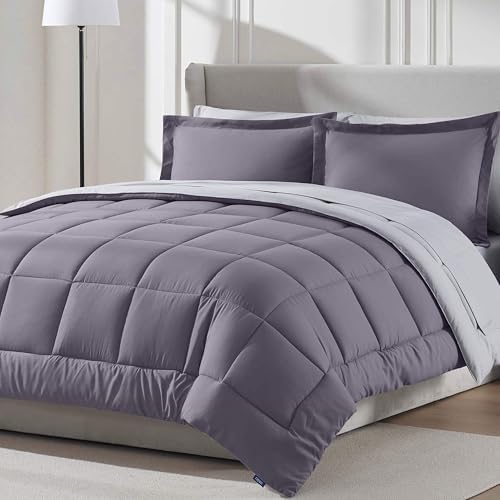 Nestl 9 Piece California King Comforter Set – Grayish Purple Reversible Bed in a Bag – Complete Cal King Size Bedding Set with Sheets, Set of 2 Down Alternative Pillows, Pillowcases and Shams