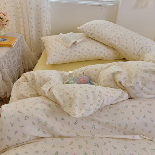 VM VOUGEMARKET Pink Blue Floral Duvet Cover Set Twin with Green Leaves Soft Breathable Muslin Cotton Bedding Set,Off-White Comforter Cover and 2 Pillowcases for Teen Girls