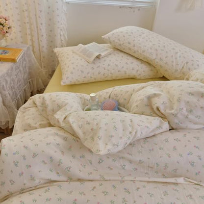 VM VOUGEMARKET Pink Blue Floral Duvet Cover Set Twin with Green Leaves Soft Breathable Muslin Cotton Bedding Set,Off-White Comforter Cover and 2 Pillowcases for Teen Girls
